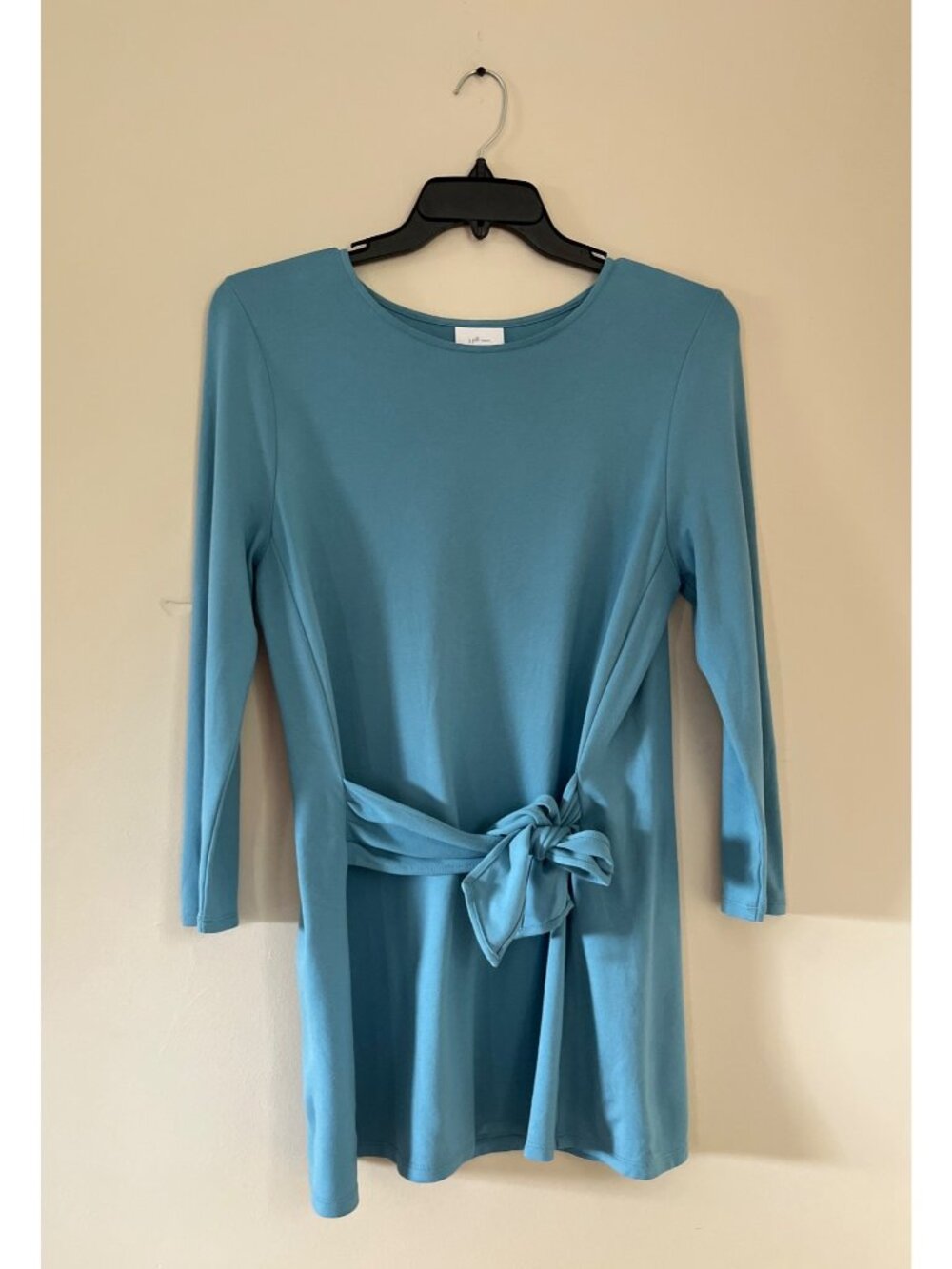 J.Jill Ponte Womens Medium Stretchy Tie Details 3/4 Sleeve Light Blue Top Blouse